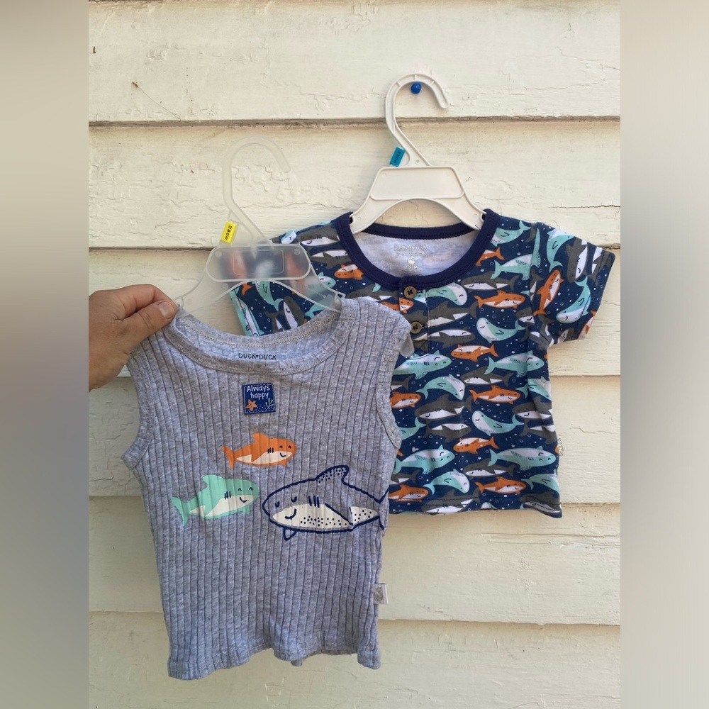 Kids Shark Print Tops - Blue and Gray (2 pieces!) Tank and Short Sleeve Shirt